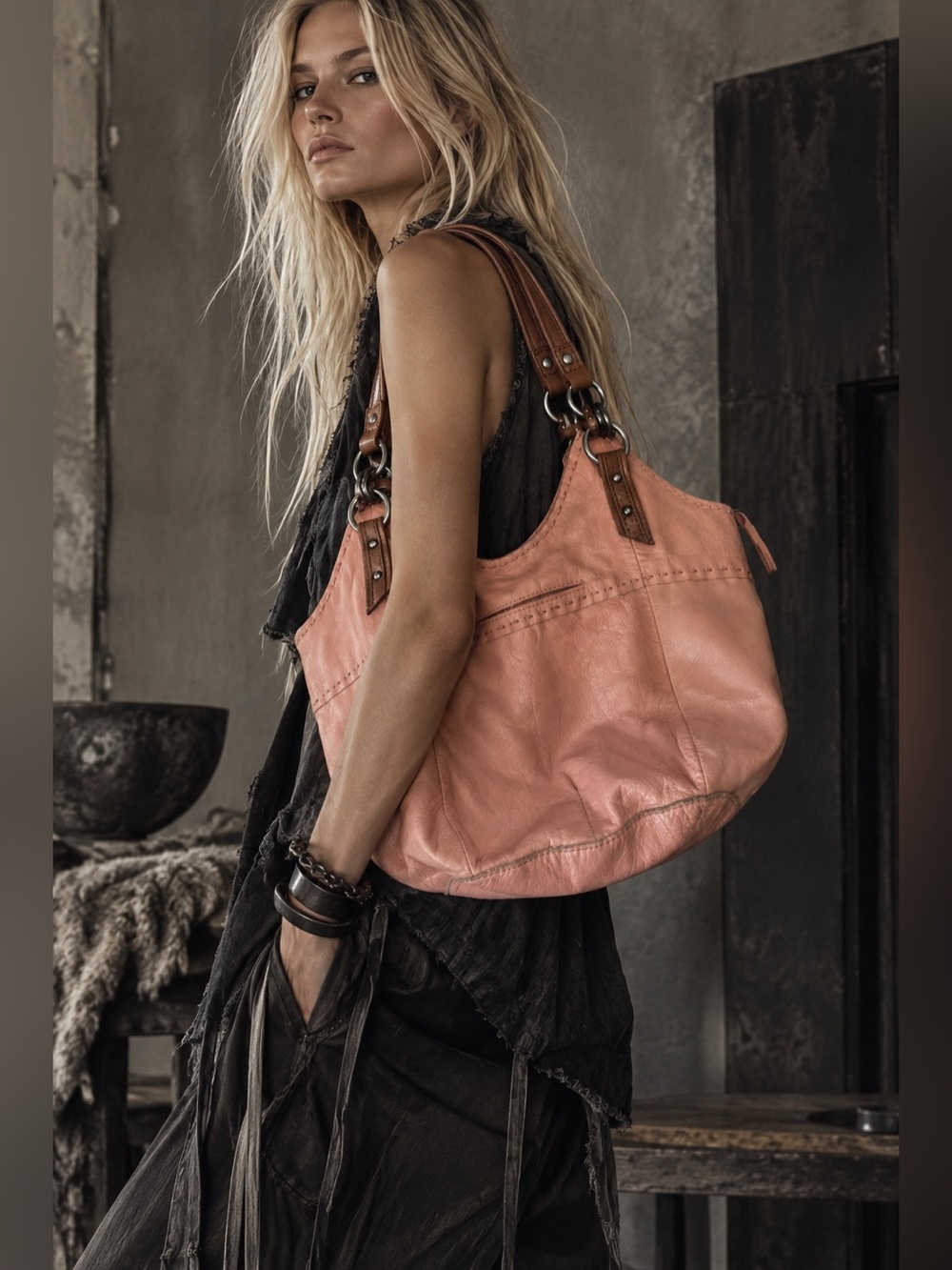 The Sak Pink Genuine Leather Large Shoulder Bag Handbag Boho